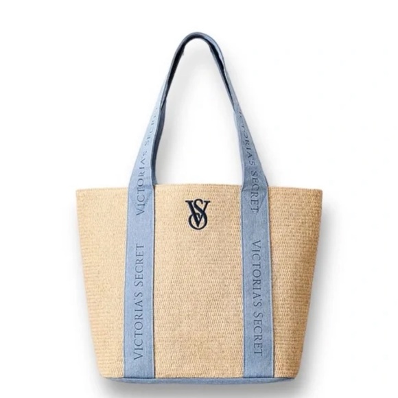 Victoria's Secret Large Weekender Straw Beach Tote Bag Blue Logo Travel Bag - Picture 3 of 9